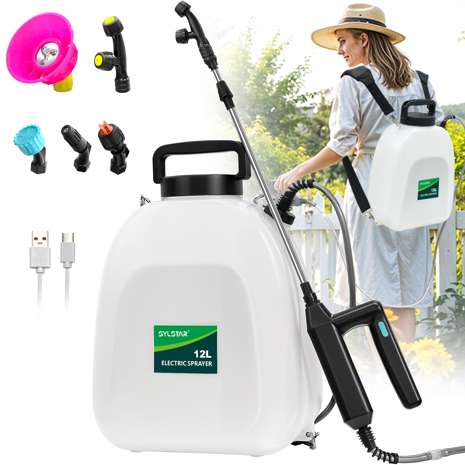 12L Battery Powered Sprayer 3.2 Gallon Battery Backpack Sprayer with USB Rechargeable Handle, 5 Mist Nozzles, 32" Telescopic Wand, Electric Back Pack Sprayer for Yard, Lawn and Garden