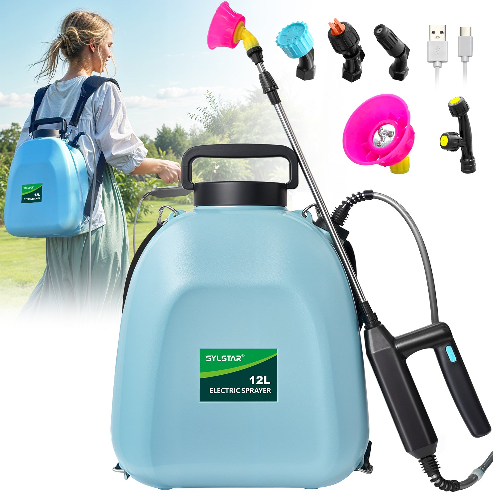 Battery Powered Sprayer 3.2 Gallon, Battery Backpack Sprayer with USB Rechargeable Handle, 5 Mist Nozzles, 32" Telescopic Wand, Electric Back Pack Sprayer for Yard, Lawn and Garden