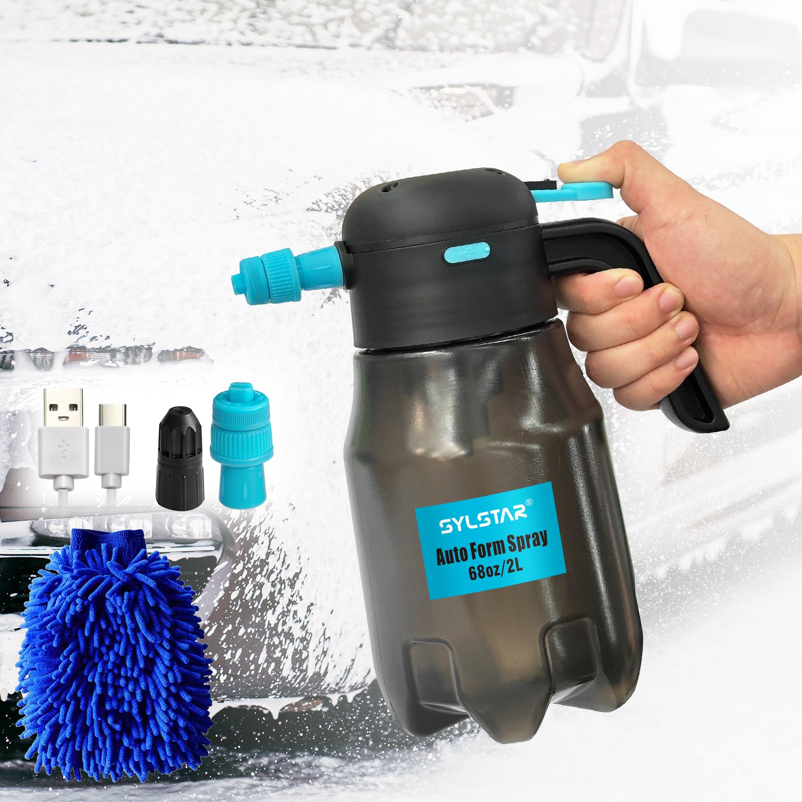 0.5Gal/2L Electric Foam Sprayer Car Wash, 60PSI Powerful Car Foam Sprayer with 2 Nozzles, Rechargeable Auto Pressurized Foam Sprayer, Battery Powered Foam Sprayer for Car Home Garden Cleaning