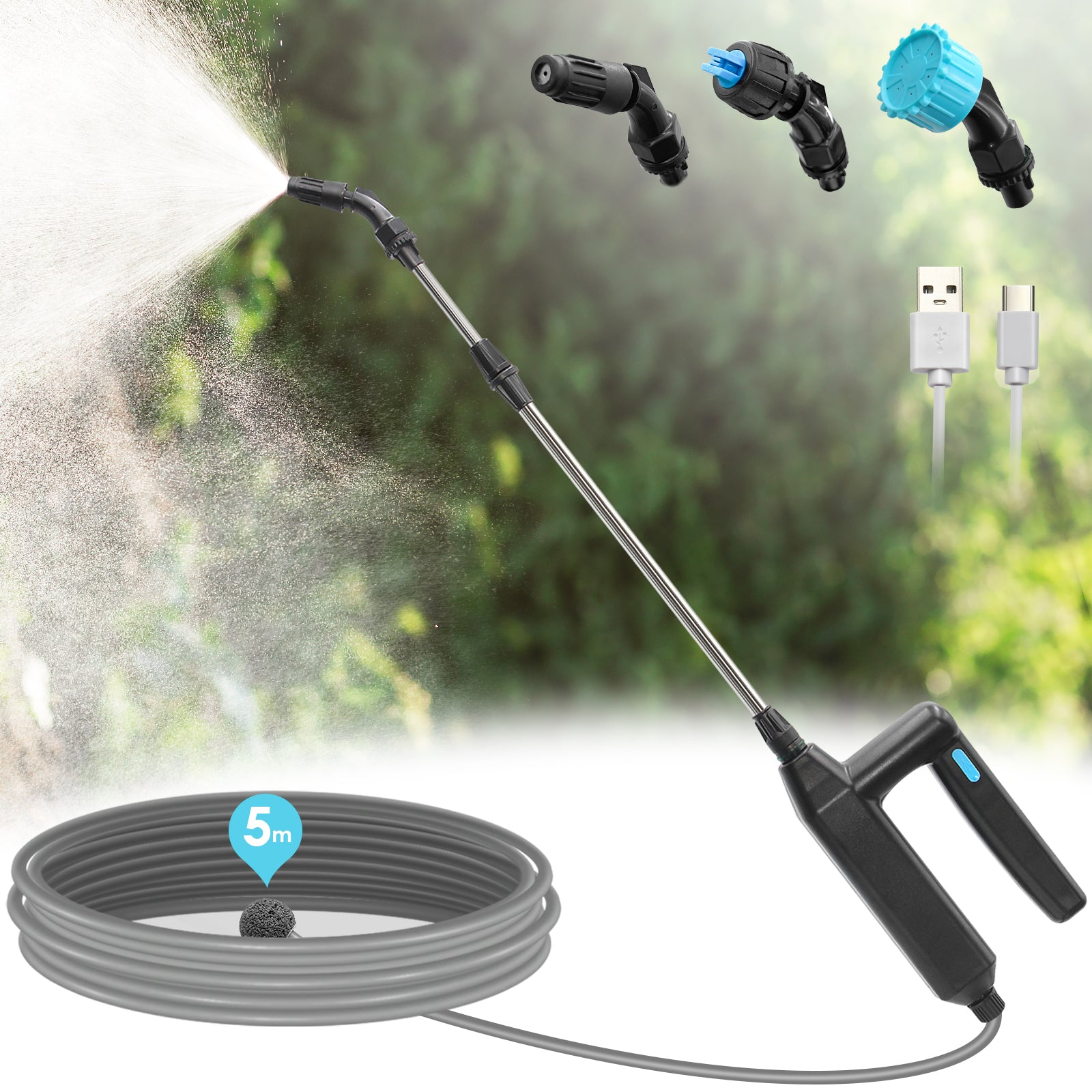 SYLSTAR Battery Powered Sprayer Wand 5M 23.6inch Electric Sprayer Telescopic Watering Wand with 16.4FT Hose Rechargeable and Portable Spray Wand for Gardening (3 Nozzles)