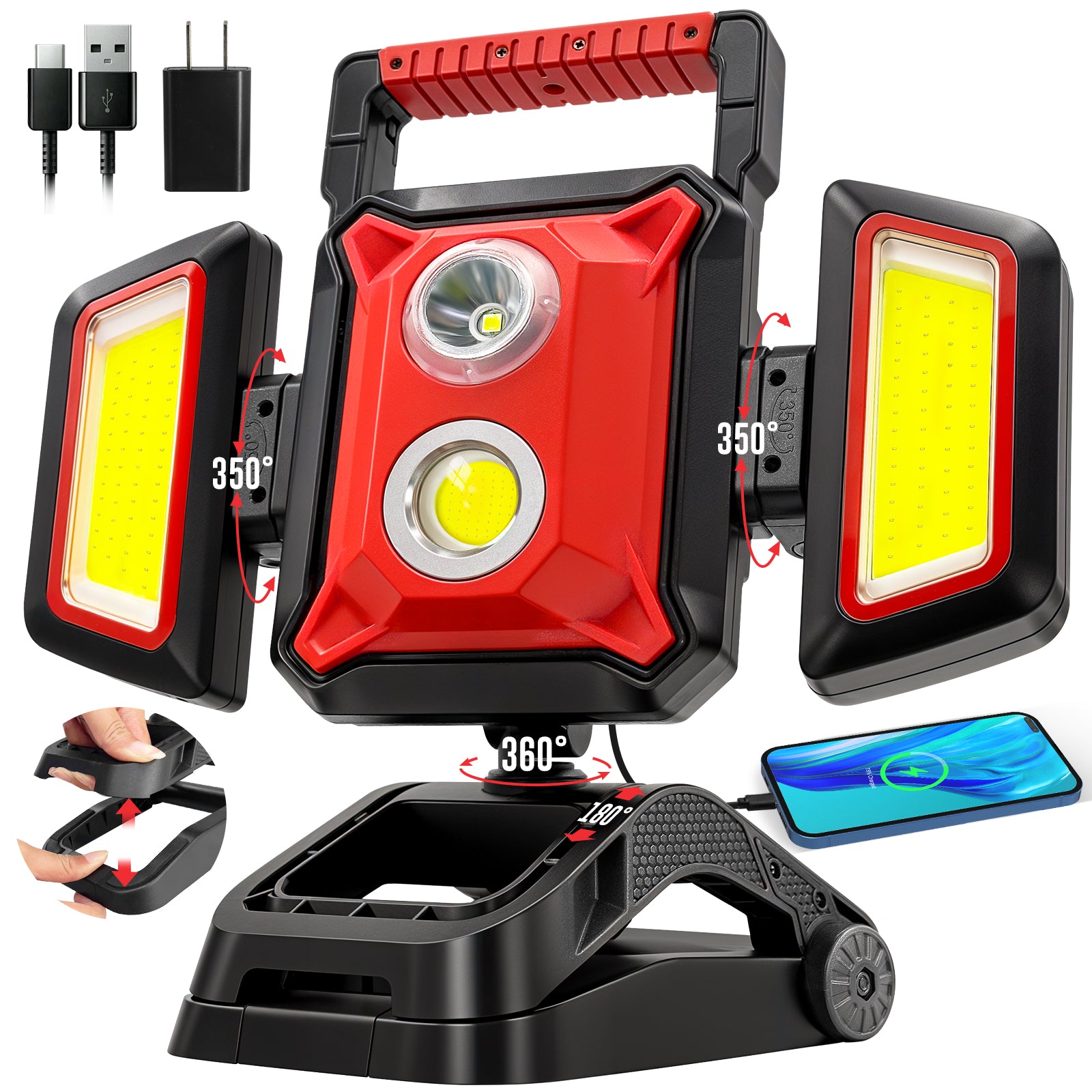 SYLSTAR 40W Rechargeable Work Light, 4000LM Magnetic Work Light with Foldable&360° Rotatable Floodlights, Big Clamp, 5 Light Modes, Powerbank, Portable Work Lights for Jobsite Workshop Car Repairing