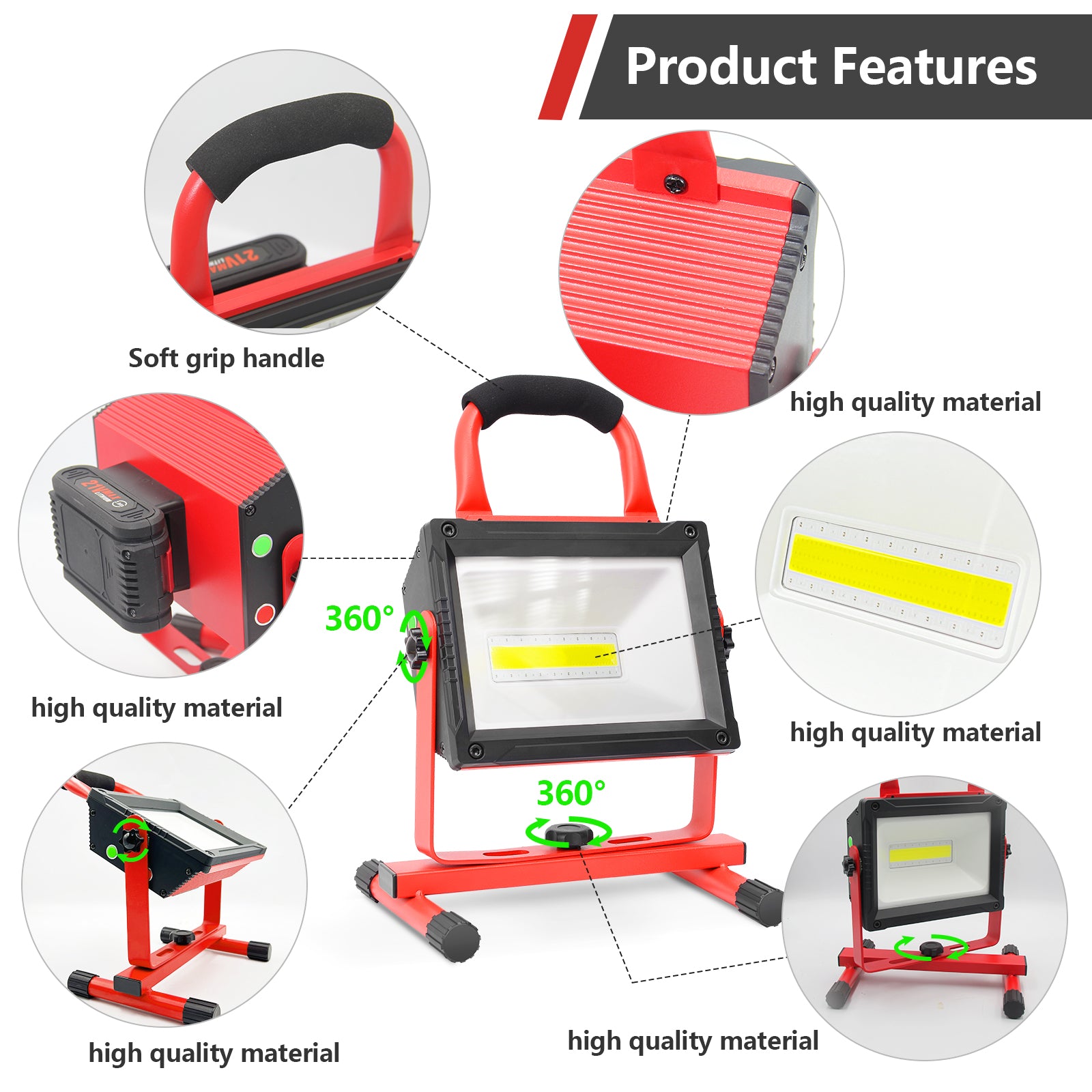 80W Rechargeable Work Light 8000LM 21V Replacement 2.0Ah Battery with